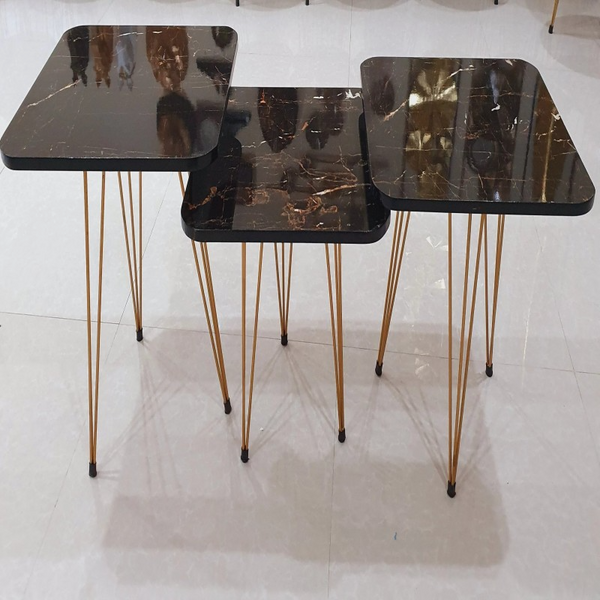 Square 3 Tables Set Black Marble Pattern