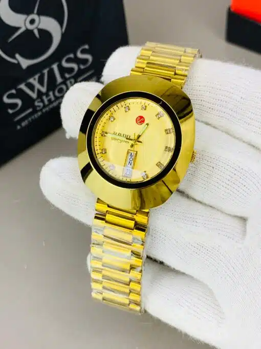 Rado Watch – Gold Dial Golden Chain with White Stones